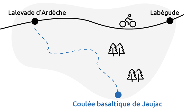 Carte d'accès de la Via Ardèche vers la coulée basaltique du village de caractère de Jaujac depuis Lalevade d'Ardèche
