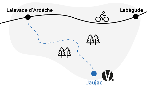 Carte d'accès depuis la Via Ardèche vers le village de caractère de Jaujac depuis Lalevade d'Ardèche